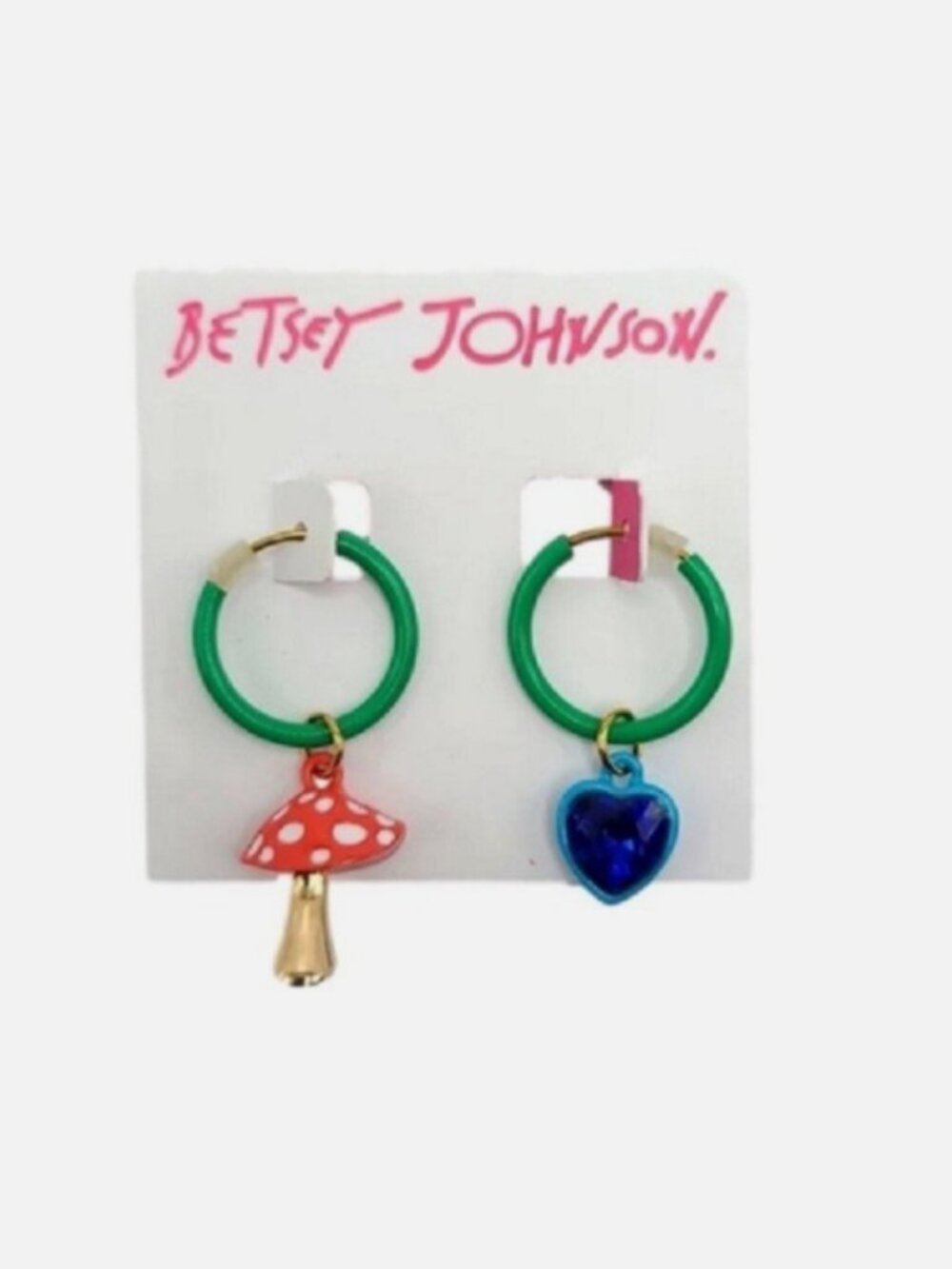 Betsey Johnson Mushroom and Heart Mismatched Charm Hoop Earrings NWT
